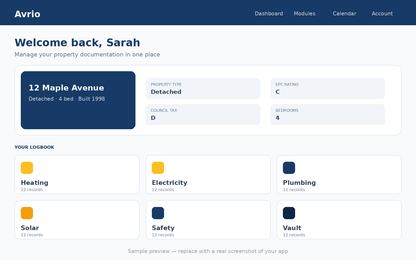 The Avrio dashboard showing a property overview and logbook modules
